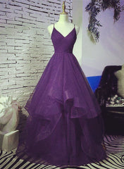 Evening Dress Designs, Dark Purple Tulle Layers Formal Gown, Purple Evening Party Dresses
