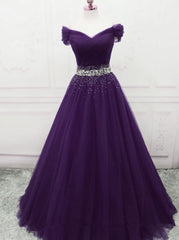Formal Dresses For Black Tie Wedding, Dark Purple Tulle Long Prom Dresses, Junior Prom Dress
