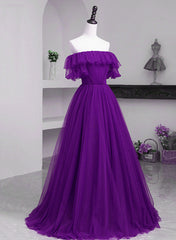 Bridesmaid Dress White, Dark Purple Tulle Off Shoulder Long Party Dress, A-line Purple Prom Dress