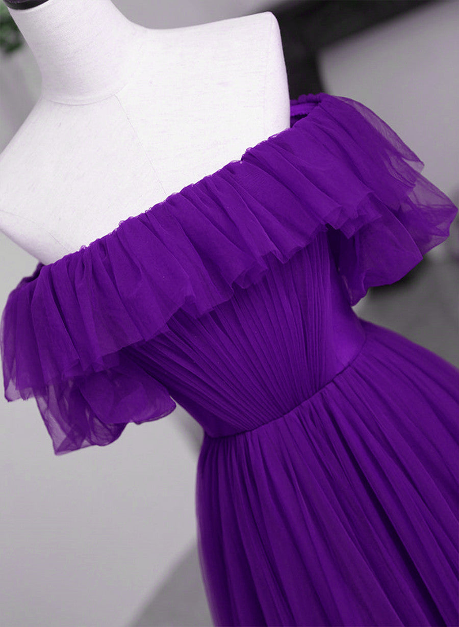 Bridesmaids Dresses White, Dark Purple Tulle Off Shoulder Long Party Dress, A-line Purple Prom Dress