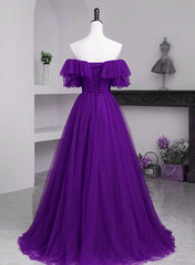 Bridesmaids Dresses Orange, Dark Purple Tulle Off Shoulder Long Party Dress, A-line Purple Prom Dress