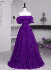 Bridesmaid Dresses Mismatched Summer, Dark Purple Tulle Off Shoulder Long Party Dress, A-line Purple Prom Dress