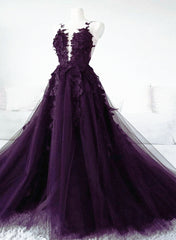 Party Dresses Maxi, Dark Purple Tulle with Lace Applique Formal Dress, Purple Evening Dress