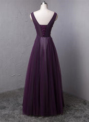 Party Dress India, Dark Purple V-neckline Beaded Tulle Long Formal Dress, Purple Evening Dress