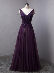 Party Dress Satin, Dark Purple V-neckline Beaded Tulle Long Formal Dress, Purple Evening Dress