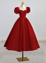 Prom Dress Black, Dark Red Beaded Short Sleeves Tea Length Party Dress, Dark Red Formal Dress Prom Dress