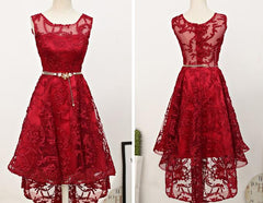 Homecoming Dresses With Sleeves, Dark Red High Low Lace Party Dress Homecoming Dress, Red Short Prom Dress