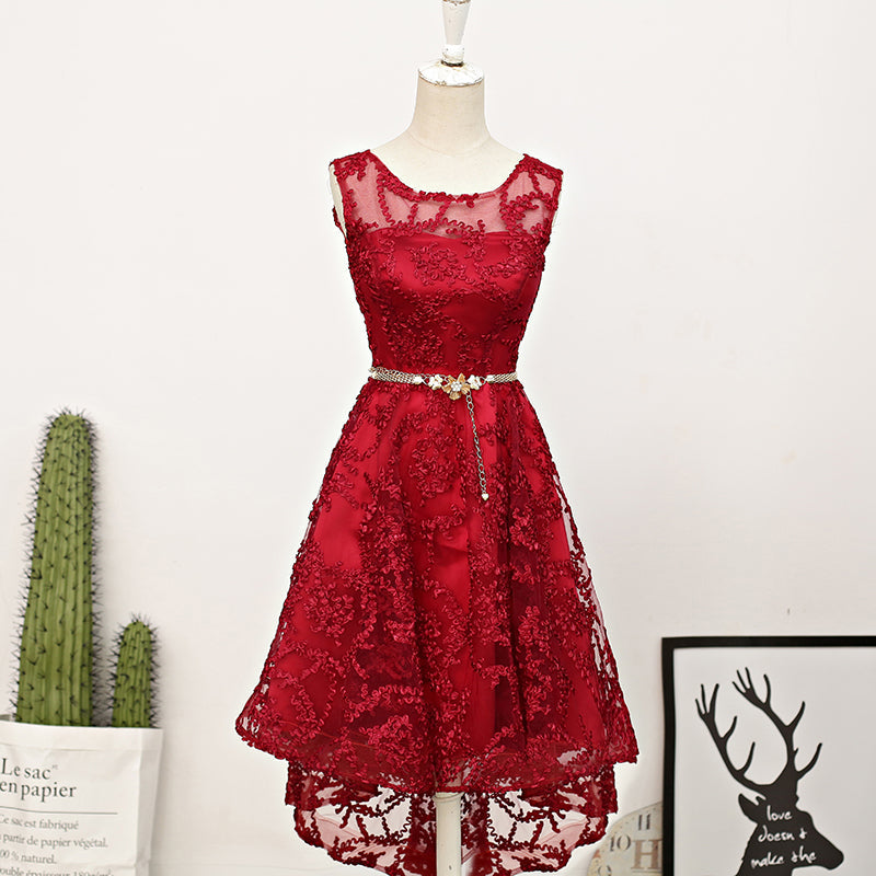 Homecoming Dresses Knee Length, Dark Red High Low Lace Party Dress Homecoming Dress, Red Short Prom Dress