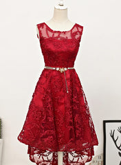 Homecoming Dress Pink, Dark Red High Low Lace Party Dress Homecoming Dress, Red Short Prom Dress