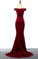 Party Dress Wedding, Dark Red Mermaid Satin Long Party Dress, Off Shoulder Evening Dress