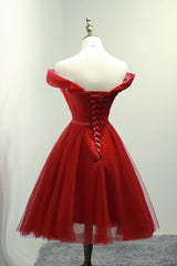 Formal Dresses For Wedding Guest, Dark Red Off the Shoulder Tulle Knee Length Party Dress, Red Homecoming Dress