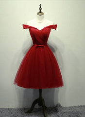 Formal Dress For Wedding Reception, Dark Red Off the Shoulder Tulle Knee Length Party Dress, Red Homecoming Dress