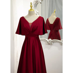 Wedding Dresses Off The Shoulder, Dark Red Satin A-line Floor Length Evening Dress, Wine Red Wedding Party Dresses