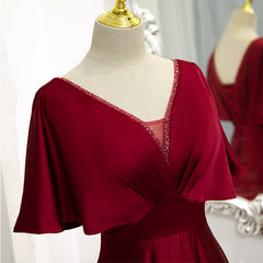 Wedding Dresses Outfits, Dark Red Satin A-line Floor Length Evening Dress, Wine Red Wedding Party Dresses