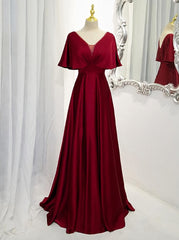 Wedding Dress Ball Gown, Dark Red Satin A-line Floor Length Evening Dress, Wine Red Wedding Party Dresses