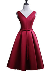 Party Dress Maxi, Dark Red Satin Short Homecoming Dress, Lovely Bridesmaid Dress