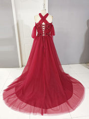 Evening Dress Long, Dark Red Tulle Lace Long Prom Dress, Red Tulle Lace Evening Dress