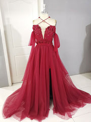 Long Black Dress, Dark Red Tulle Lace Long Prom Dress, Red Tulle Lace Evening Dress