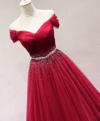 Formal Dressing For Ladies, Dark Red Tulle Off Shoulder Long Prom Dress, Beaded Party Dress