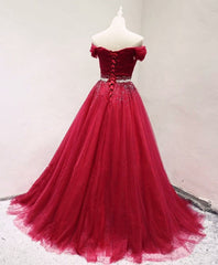 Formal Dresses Nearby, Dark Red Tulle Off Shoulder Long Prom Dress, Beaded Party Dress