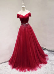 Formal Dress For Ladies, Dark Red Tulle Off Shoulder Long Prom Dress, Beaded Party Dress