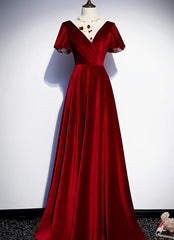 Formal Dress With Sleeves, Dark Red Velvet  Long Prom Dress, Charming Formal Gown