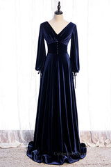 Dinner Dress, Dark Regency V Neck Long Sleeves Bow Tie Detail Velvet Long Formal Dress