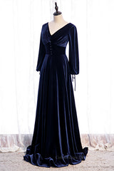Mermaid Prom Dress, Dark Regency V Neck Long Sleeves Bow Tie Detail Velvet Long Formal Dress