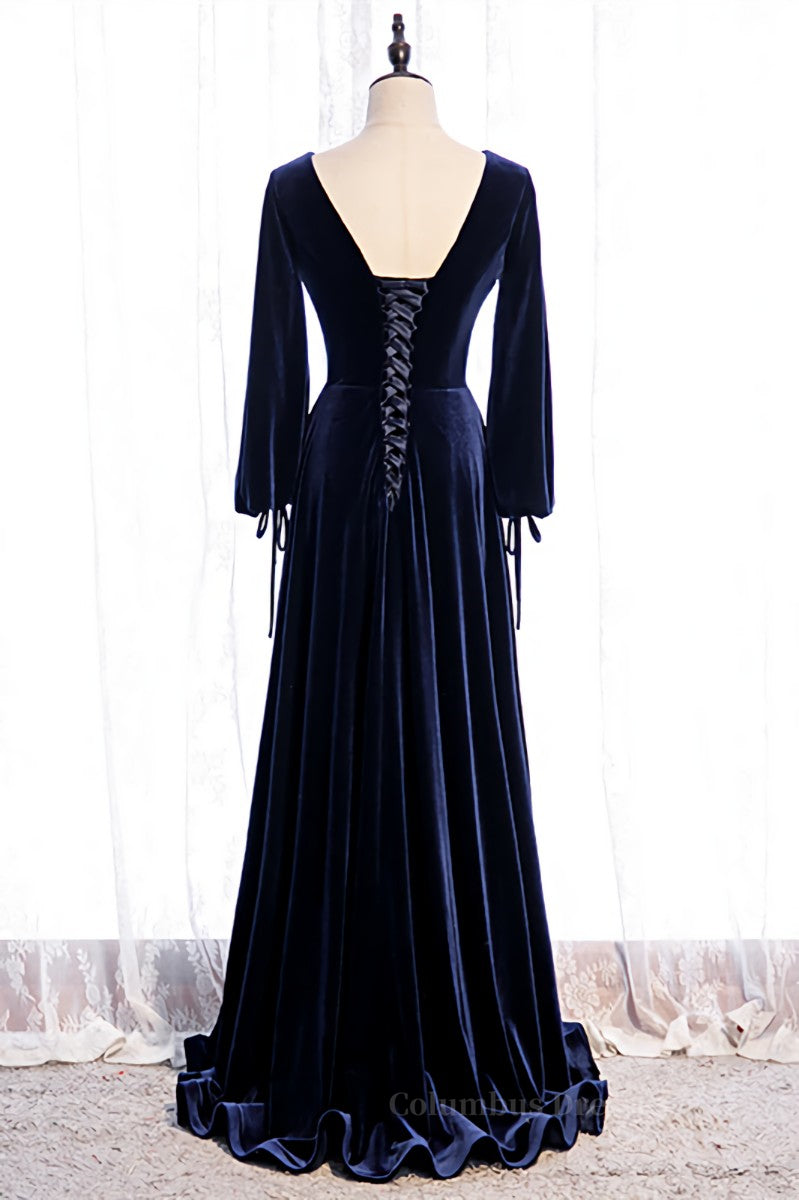 Satin Prom Dress, Dark Regency V Neck Long Sleeves Bow Tie Detail Velvet Long Formal Dress