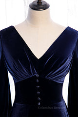 Best Prom Dress, Dark Regency V Neck Long Sleeves Bow Tie Detail Velvet Long Formal Dress