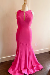 Party Dress Over 66, Hot Pink Mermaid Long Formal Dress with Open Back