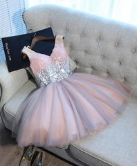 Party Dresses Long Sleeved, Cute Pink V Neck Tulle Seqsuins Short Prom Dress, Cocktail Dress