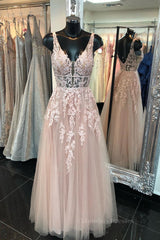 Bridesmaid Dress Spring, Deep V Neck Backless Pink Lace Long Prom Dress, Long Pink Lace Formal Graduation Evening Dress