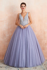 Prom Dress Blue, Deep V Neck Beaded Tulle Lavender Prom Dresses