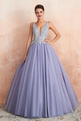 Prom Dresses Blues, Deep V Neck Beaded Tulle Lavender Prom Dresses