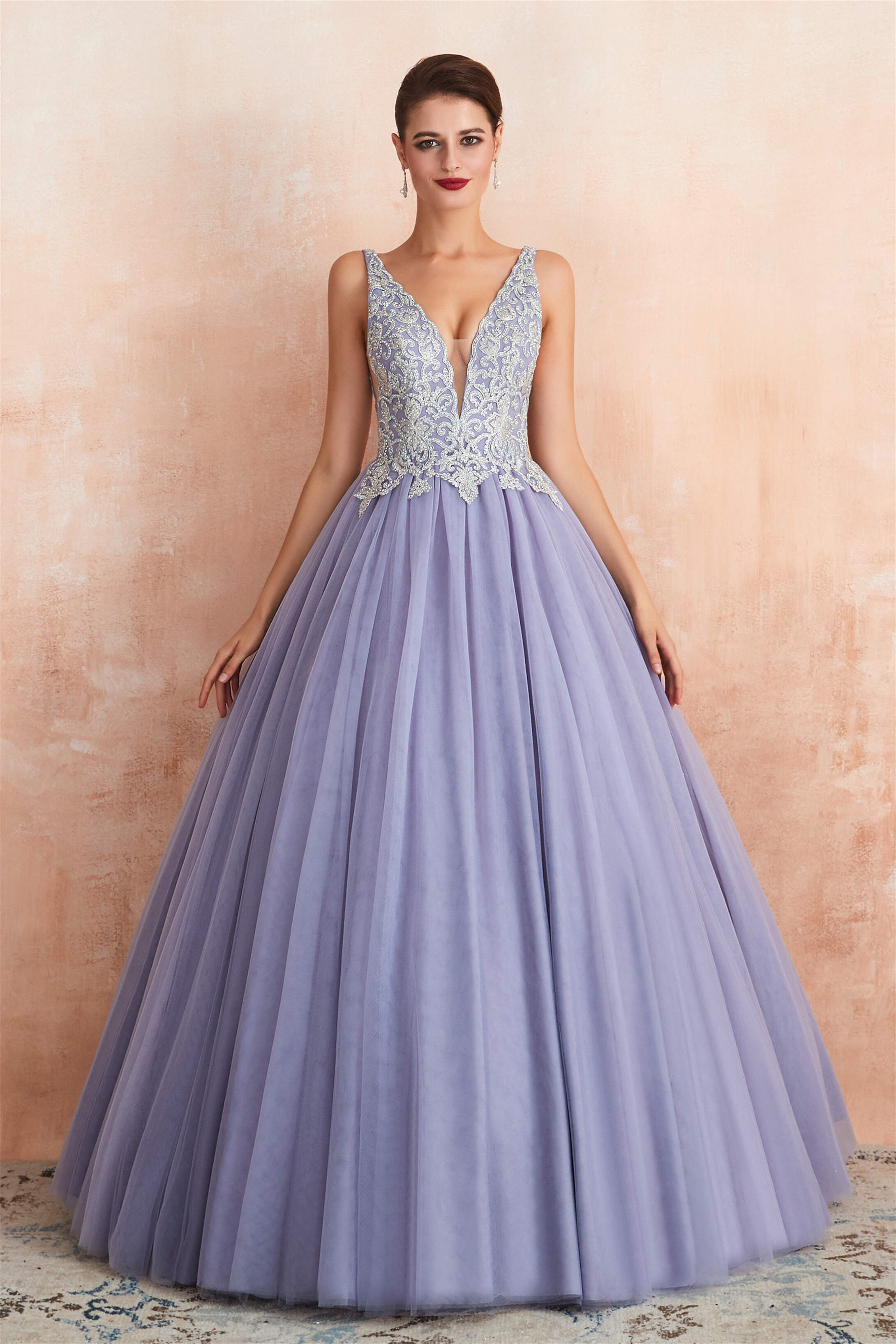Prom Dressed Blue, Deep V Neck Beaded Tulle Lavender Prom Dresses