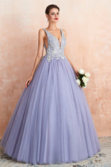 Prom Dresses Blush, Deep V Neck Beaded Tulle Lavender Prom Dresses