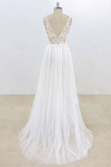 Wedding Dresses Flowers, Deep V-neck Lace A-line Tulle Wedding Dress