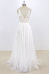 Wedding Dresses Flower, Deep V-neck Lace A-line Tulle Wedding Dress