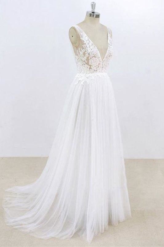 Wedding Dress Ideas, Deep V-neck Lace A-line Tulle Wedding Dress