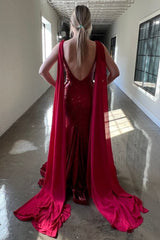 Deep V Neck Mermaid Burgundy Sparkly Sequins Long Prom Dress