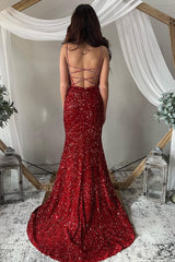 Deep V Neck Mermaid Sparkly Burgundy Sequins Long Prom Dress