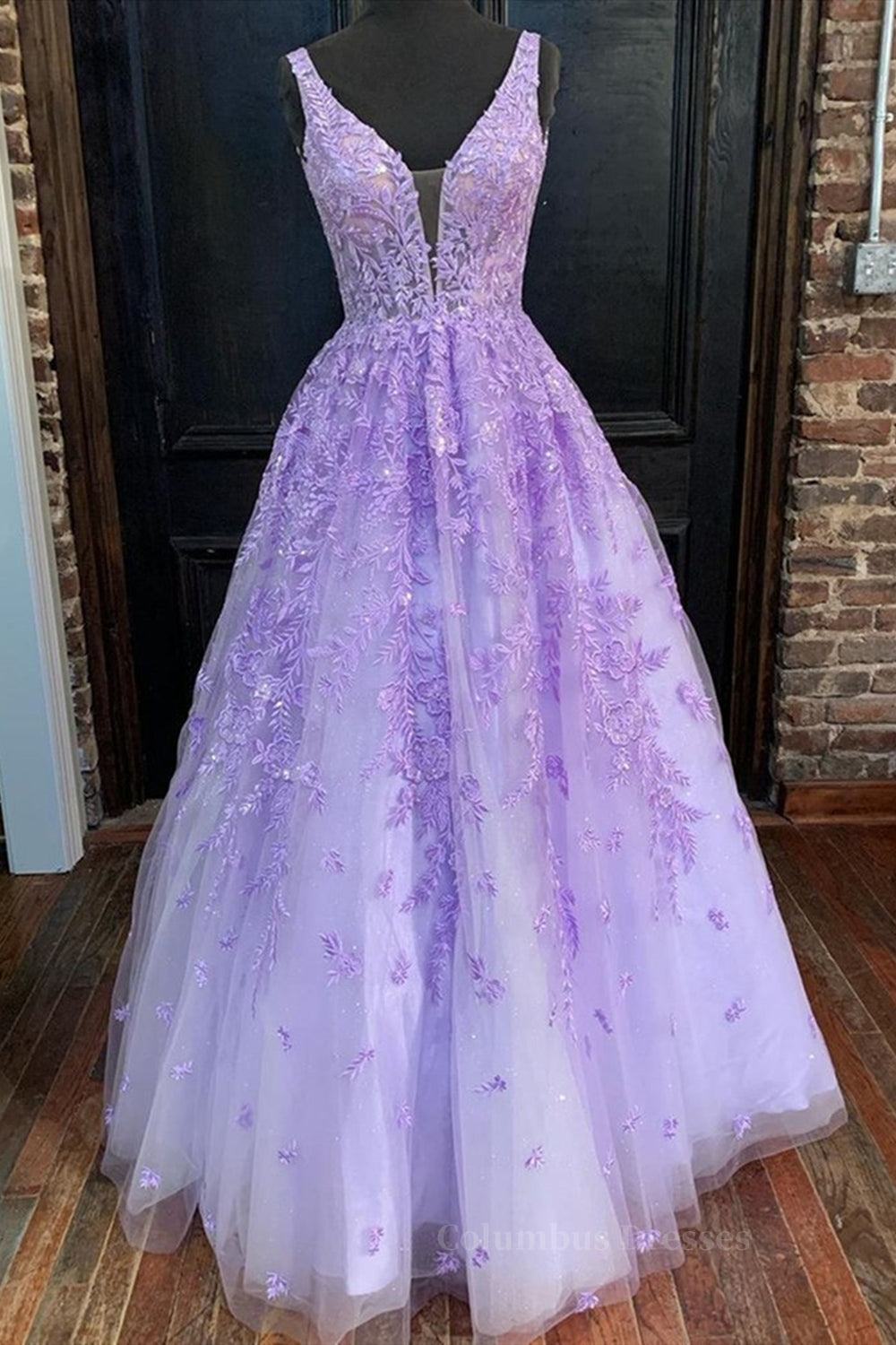 Formal Dresses Floral, Deep V Neck Purple Lace Long Prom Dresses, Purple Lace Formal Dresses, Purple Evening Dresses