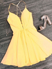 Club Outfit, Deep V Neck Short Yellow Black Prom Dresses, Short Backless Formal Homecoming Dresses