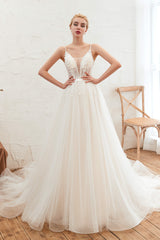 Wedding Dress Under 5009, Deep V See Through Neck Bridal Dresses Spaghetti Straps Fairy Tulle Wedding Gowns