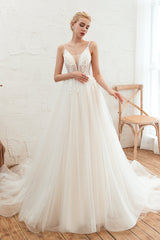 Wedding Dress Back, Deep V See Through Neck Bridal Dresses Spaghetti Straps Fairy Tulle Wedding Gowns