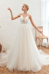 Wedding Dresses Back, Deep V See Through Neck Bridal Dresses Spaghetti Straps Fairy Tulle Wedding Gowns