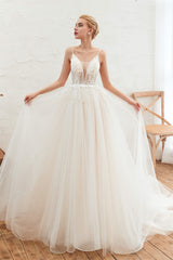 Wedding Dress Backs, Deep V See Through Neck Bridal Dresses Spaghetti Straps Fairy Tulle Wedding Gowns