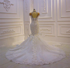 Wedding Dresses Under 305, Delicate Sleeveless Beading Sheer Tulle Appliques Mermaid Sparkling Wedding Dresses