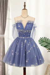 Party Dress Code Idea, Diamond Blue Tulle Short Homecoming Dress